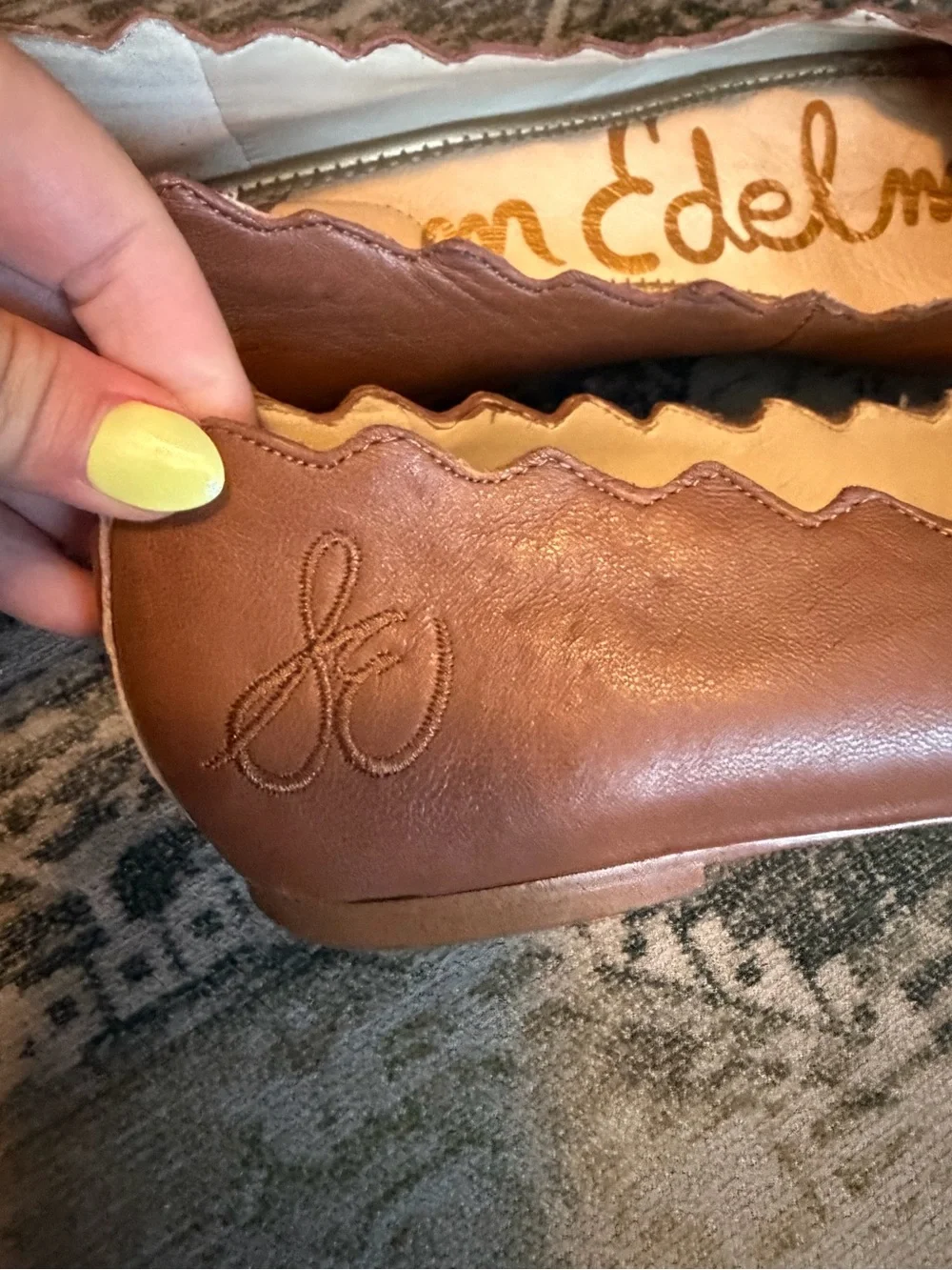 Sam Edelman Francis cognac leather ballet flats with scalloped edge trim size 8